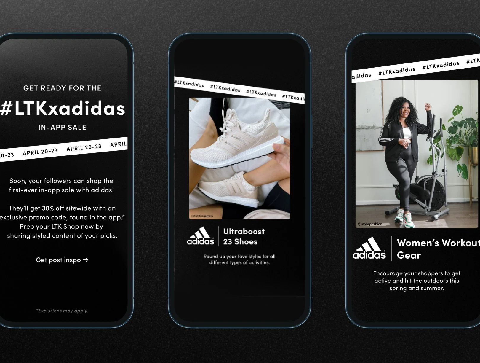 Three Instagram stories on phones: a “Get ready for the #LTKxadidas in-app sale” announcement, an Ultraboost shoes story and a women’s workout gear story.