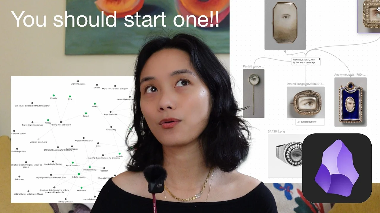 The thumbnail for Digital gardening 101: Margaret looking up beside a graph of linked notes, with the text You should start one!!
