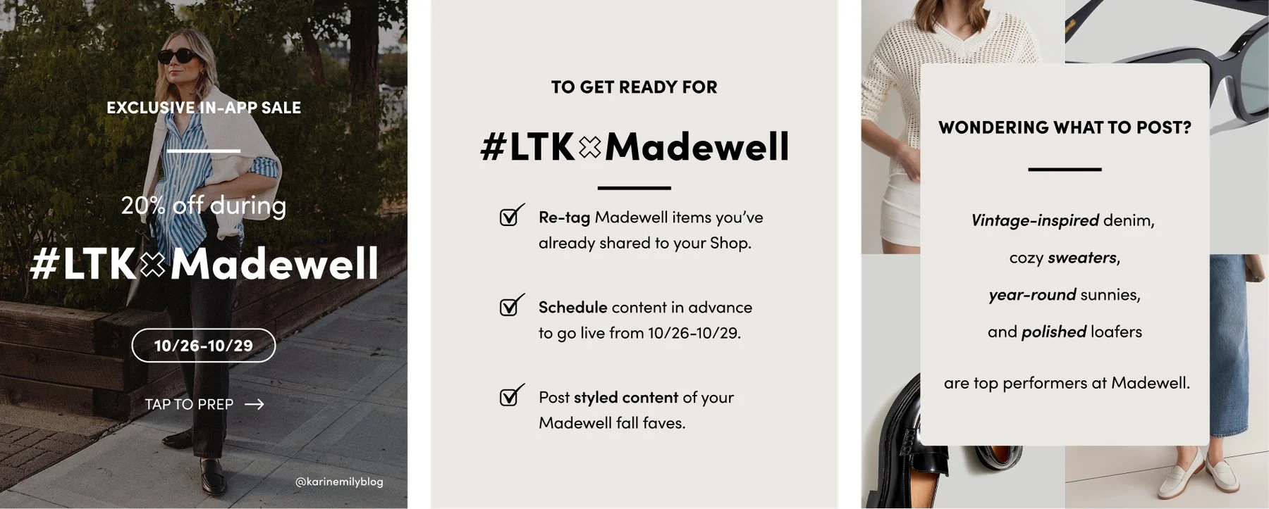 Three feed posts: the exclusive in-app sale announcement, a three-step checklist to get ready, and a post of Madewell top performers.