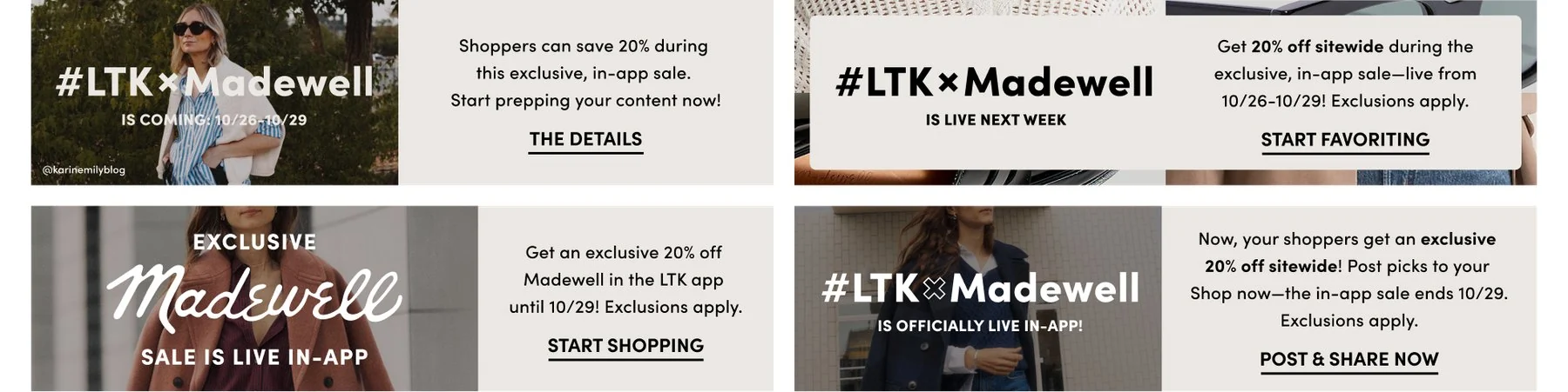 Four banners moving from “is coming” to “is live next week,” “sale is live in-app” and “is officially live in-app.”