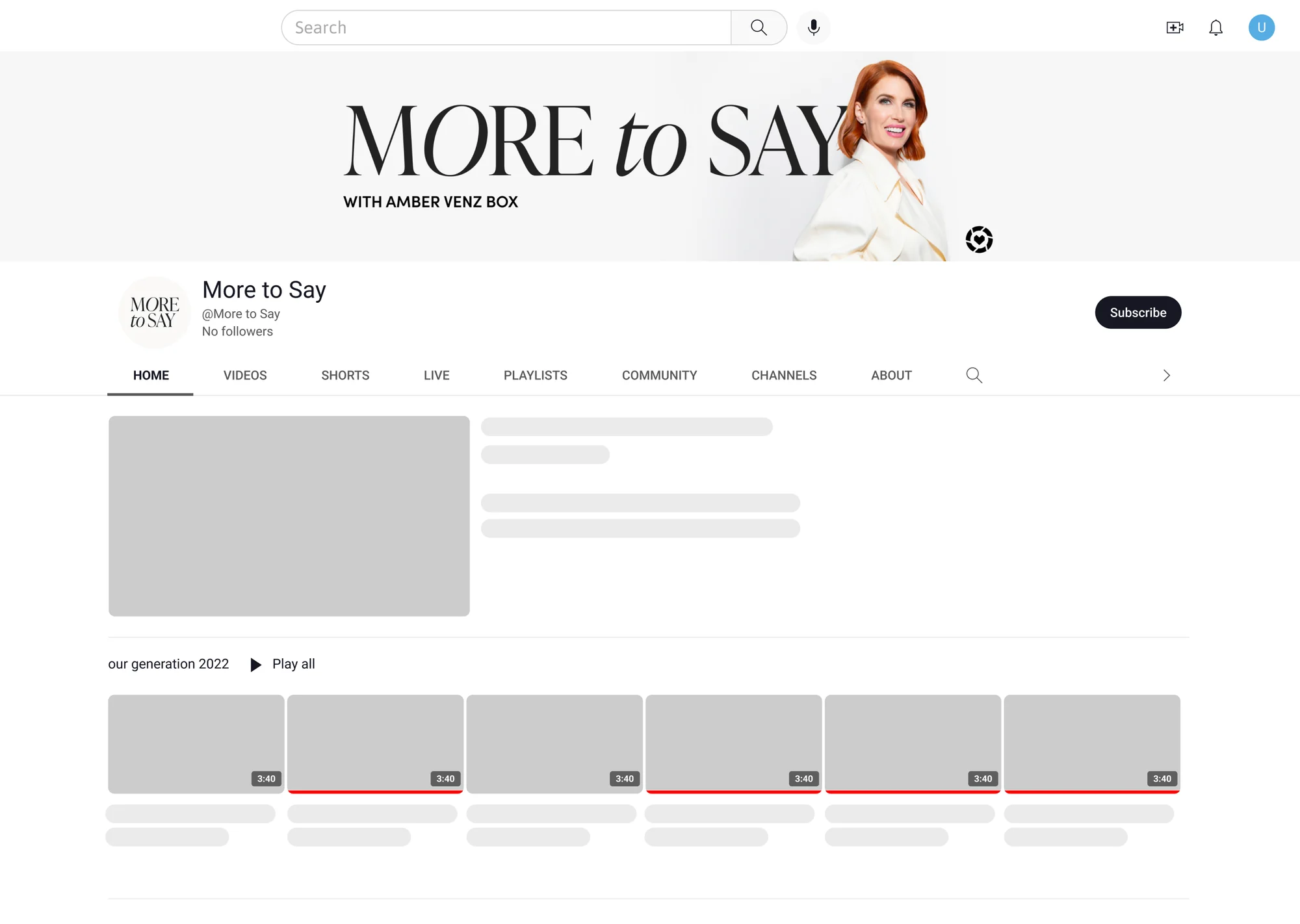 A mockup of the More to Say YouTube channel on desktop, with the wordmark banner, the host portrait and the logo avatar.
