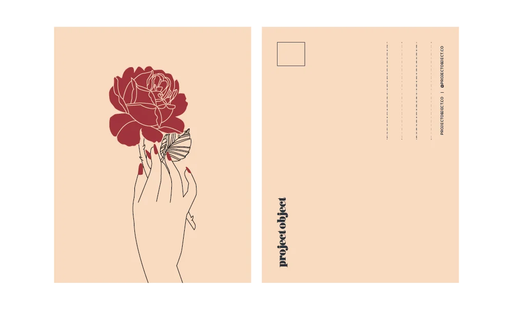 A peach postcard, front with a hand holding a red rose, back with the project object wordmark and address lines.