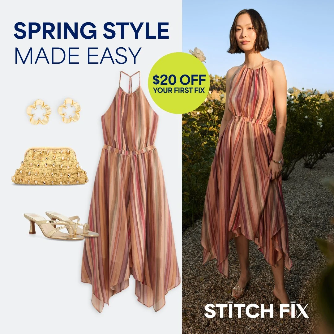 Spring Style Made Easy: a striped dress with accessories beside the model wearing it, with a $20 off your first Fix badge.