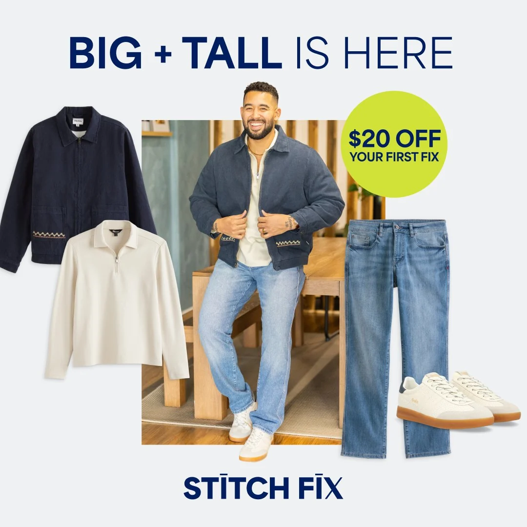 All style, no risk: folded men’s clothing and a Stitch Fix box with the $20 off badge.