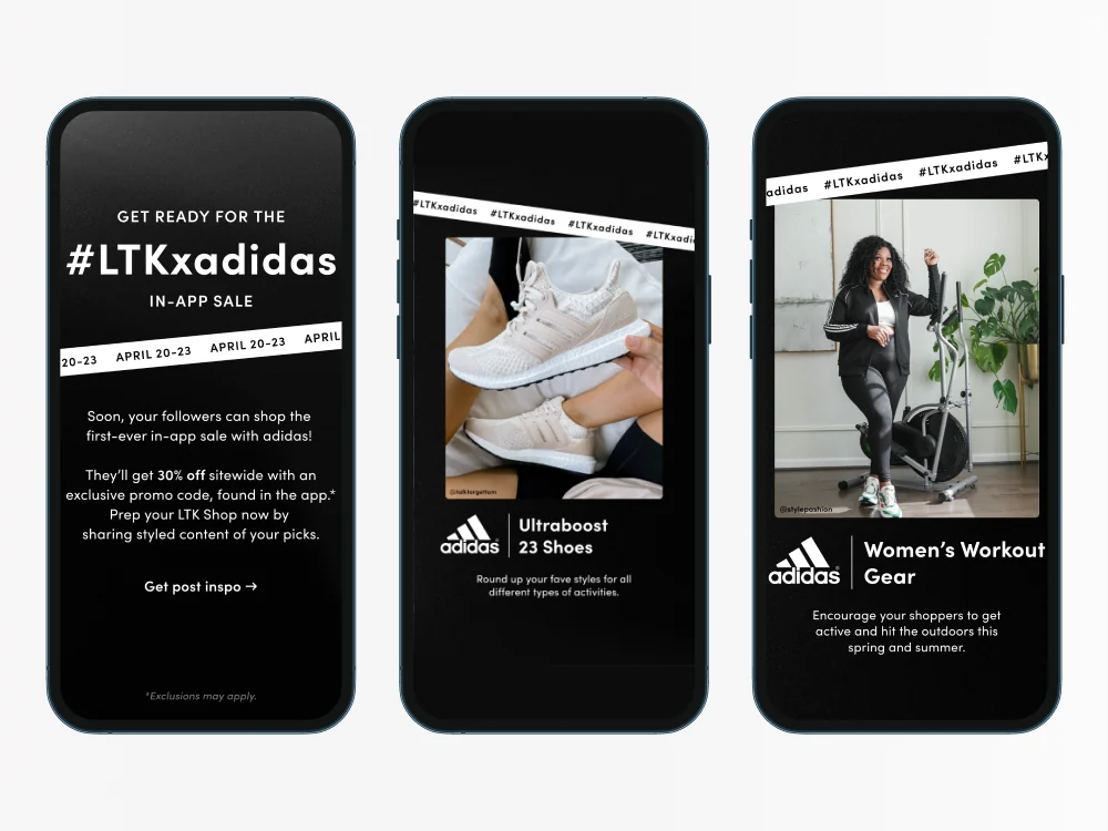 Three phones showing the #LTKxadidas story series: a get-ready announcement, Ultraboost shoes and women’s workout gear.