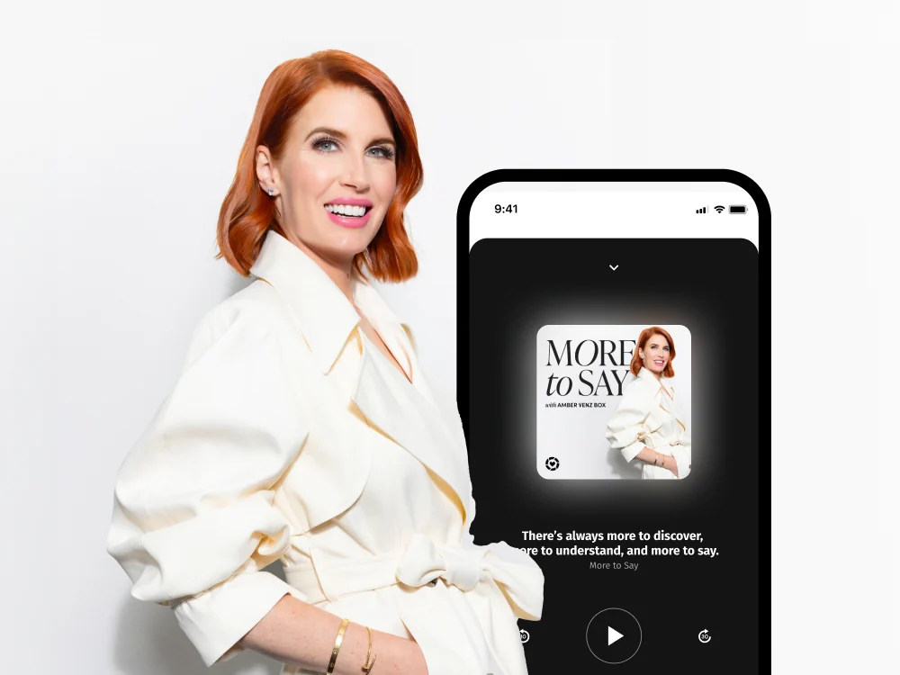 The More to Say host beside a phone showing the podcast cover in a player.