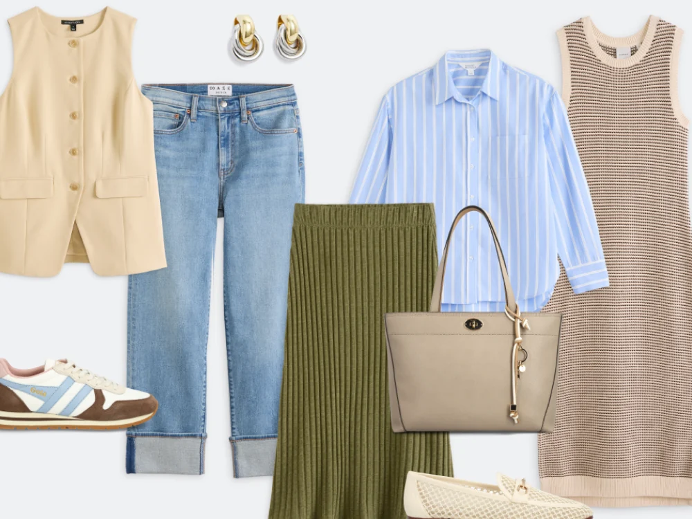 A styled spring outfit flat lay: a cream vest, cuffed jeans, a blue striped shirt, an olive skirt, a knit dress, a tote and sneakers.