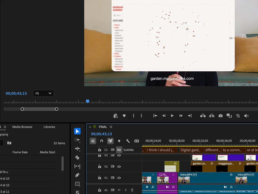 A Premiere Pro edit of the Digital gardening video, with the timeline and the garden website on screen.